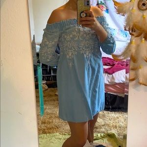blue embroidered off-shoulder dress